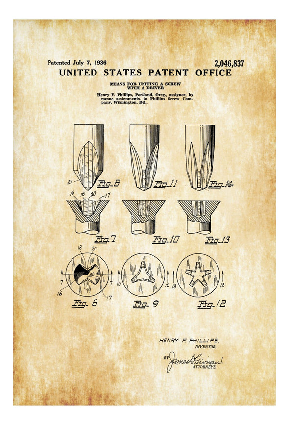 Phillips Screwdriver Patent - Patent Print, Wall Decor, Mechanic Gift, Car Lover Gift, Garage Decor, Workshop Decor, Vintage Tool