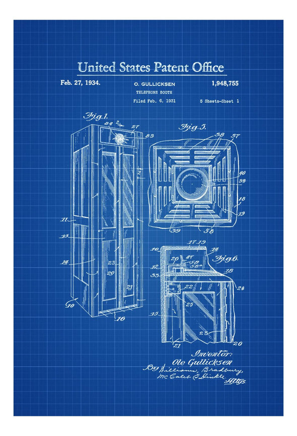 Phone Booth Patent Print 1934 - Patent Print, Wall Decor, Telephone Booth, Antique Telephone, Telephone Box, mws_apo_generated mypatentprints Blueprint #MWS Options 1333634522 