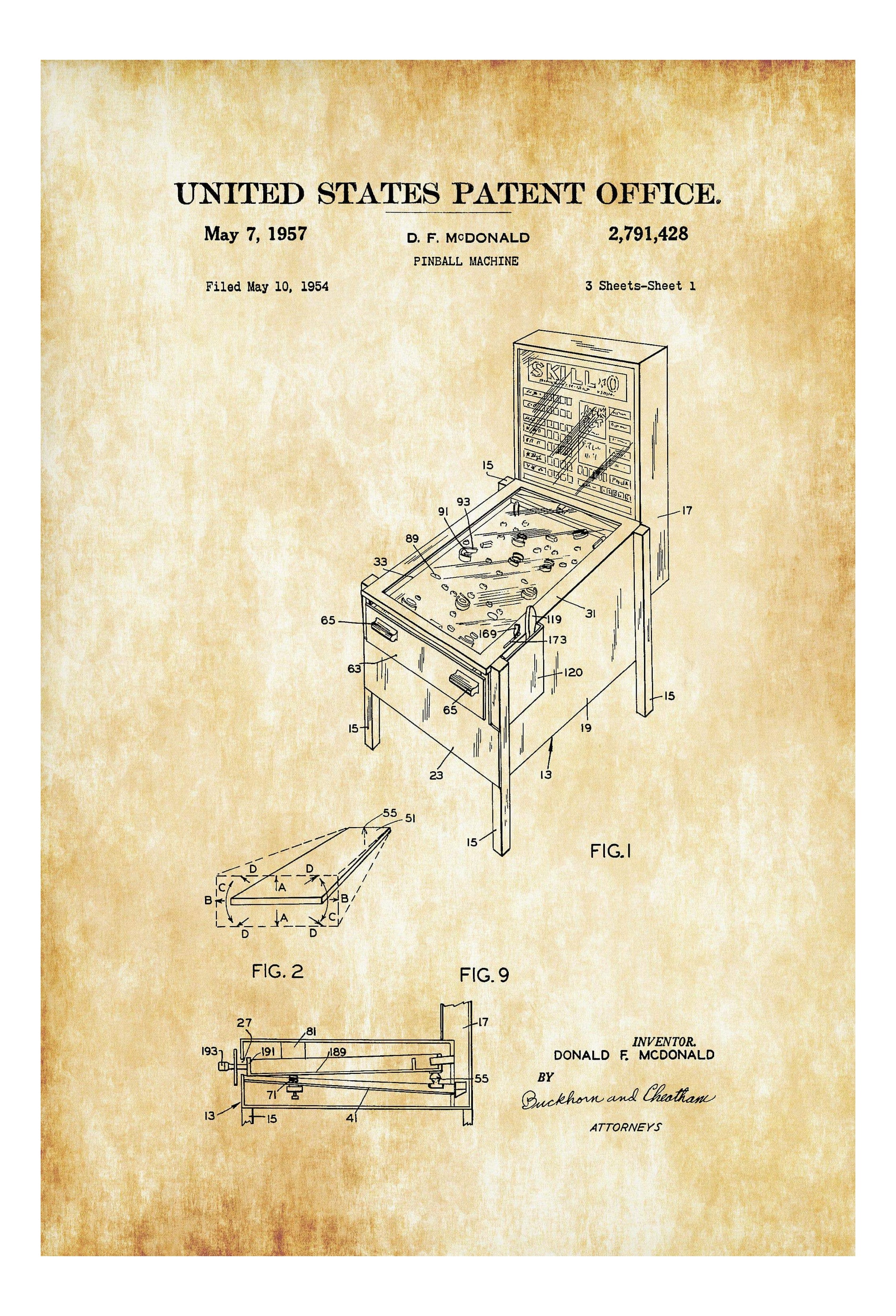 Pinball Machine Patent - Patent Print, Game Room Wall Decor, Pin Ball ...