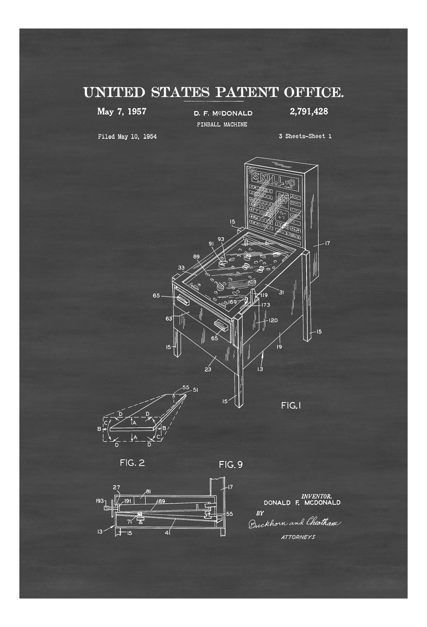 Pinball Machine Patent - Patent Print, Game Room Wall Decor