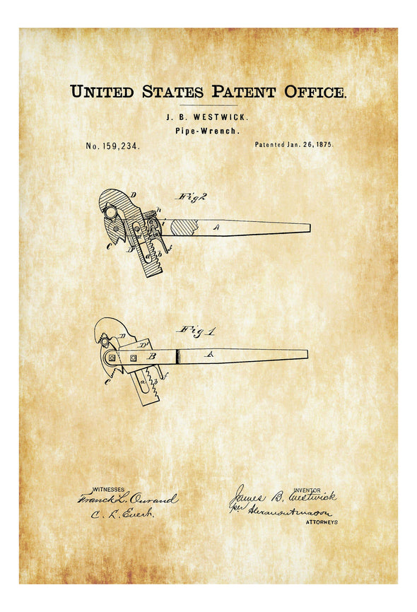 Pipe Wrench Patent 1875 - Patent Print, Vintage Tools, Mechanic Gift, Plumber Gift, Garage Decor, Workshop Decor, Plumbing Decor Art Prints mypatentprints 