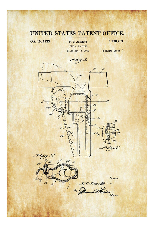 Pistol Holster Patent Print 1933 - Wall Decor, Gun Art, Firearm Art, Holster Blueprint, Firearm Holster Blueprint, Gun Holster Patent Print Art Prints mypatentprints 10X15 Parchment 