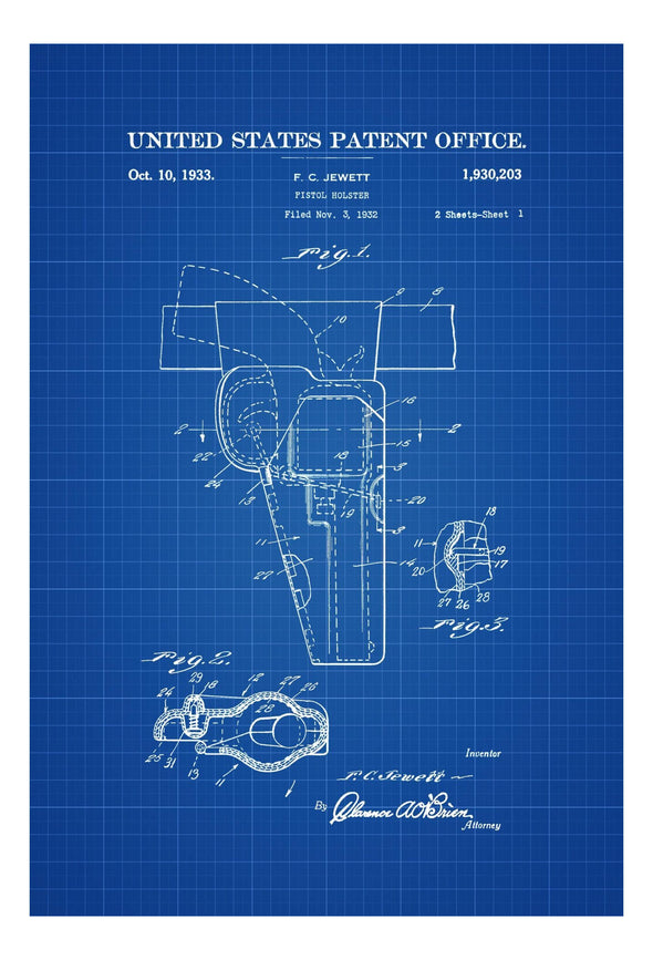 Pistol Holster Patent Print 1933 - Wall Decor, Gun Art, Firearm Art, Holster Blueprint, Firearm Holster Blueprint, Gun Holster Patent Print Art Prints mypatentprints 