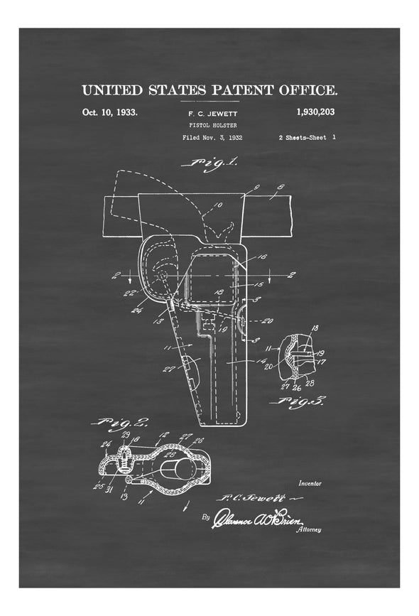 Pistol Holster Patent Print 1933 - Wall Decor, Gun Art, Firearm Art, Holster Blueprint, Firearm Holster Blueprint, Gun Holster Patent Print Art Prints mypatentprints 