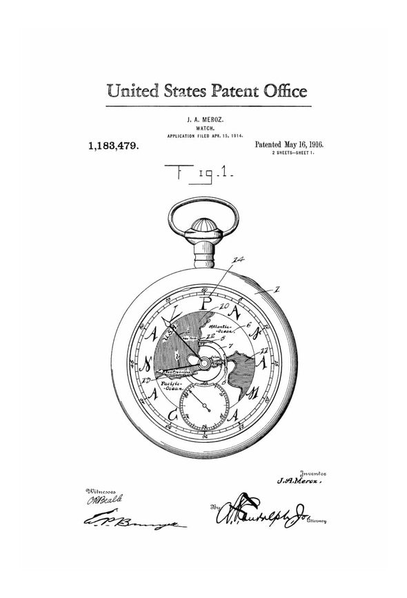 Pocket Watch Patent 1916 - Patent Print, Watch Art, Pocket Watch, Vintage Watch, Antique Watch