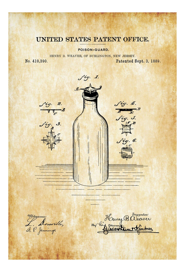 Poison Guard Patent 1889 - Doctor Office Decor, Nurse Gift, Medical Art, Medical Decor, Surgeon Gift, Doctor Gift, Safety Patent, Unique Art Art Prints mypatentprints 5X7 Blueprint 