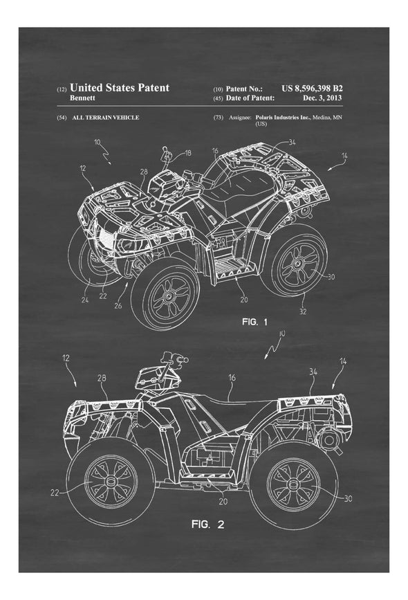 Polaris ATV Patent 2013 - Patent Print, Wall Decor, All Terrain Vehicle, ATV, Polaris, Outdoorsman, Cabin Decor