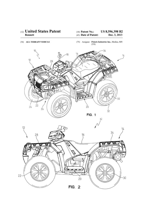 Polaris ATV Patent 2013 - Patent Print, Wall Decor, All Terrain Vehicle, ATV, Polaris, Outdoorsman, Cabin Decor