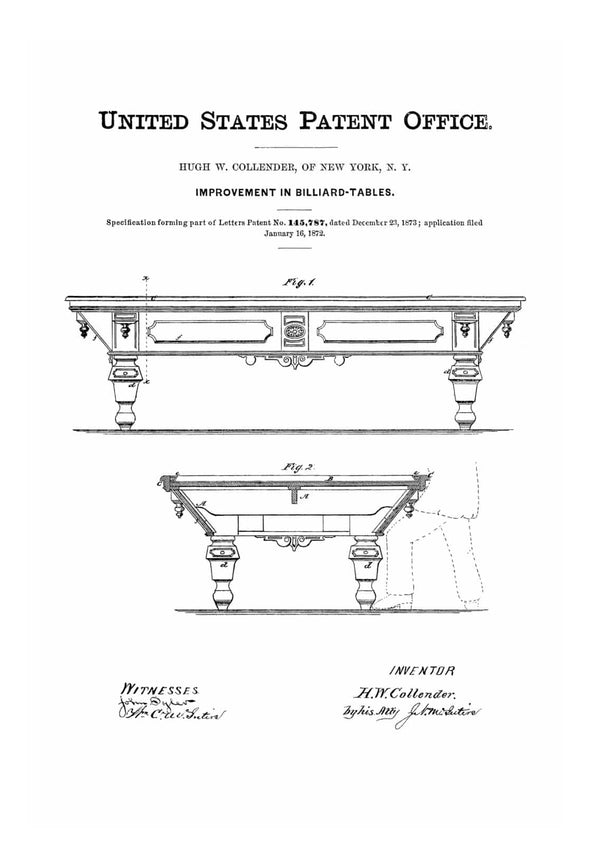 Pool Table Patent 1872 - Patent Print, Wall Decor, Billiard Room Decor, Basement Art, Pool Decor, Bar Wall Art,Pool Table Decor