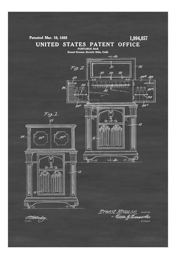 Portable Radio Bar Patent Print 1935 - Wall Decor, Vintage Bar, Portable Bar, Bar Poster, Mixologist Gift, Bartender Gift, Radiobar Art Prints mypatentprints 10X15 Parchment 