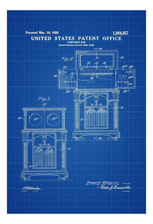 Portable Radio Bar Patent Print 1935 - Wall Decor, Vintage Bar, Portable Bar, Bar Poster, Mixologist Gift, Bartender Gift, Radiobar Art Prints mypatentprints 