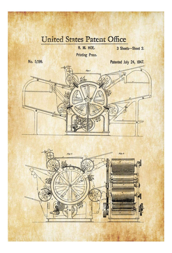 Printing Press Patent 1847 - Patent Print, Printing Press, Old Press, Printing Patent, Industrial Art, Book Lover, Writer Gift