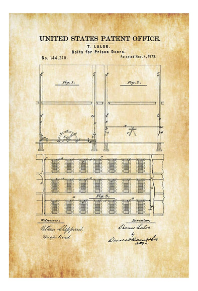 Prison Door Patent 1873 - Prison Guard Gift, Wall Decor, Law Enforcement Gift, Prison Art, Prison Cell Patent, Patent Print, Old Prison Plan