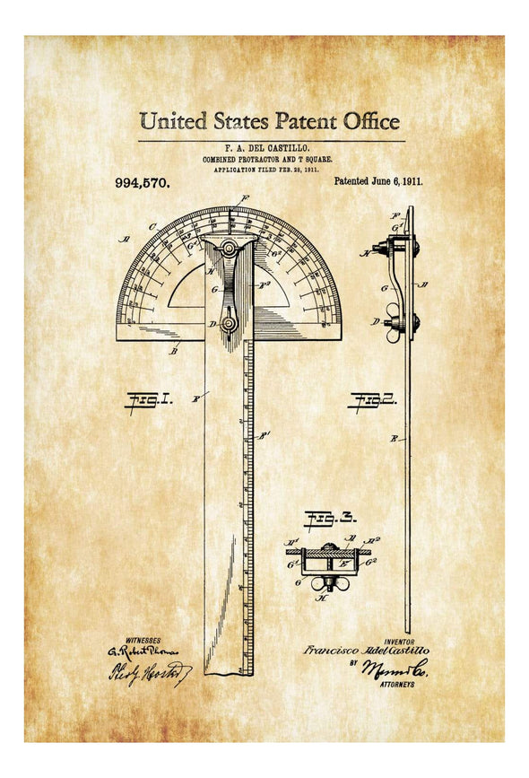 Protractor and T Square Patent 1911 - Patent Print, Office Decor, Vintage Instruments, Tool Art, Architect Gifts
