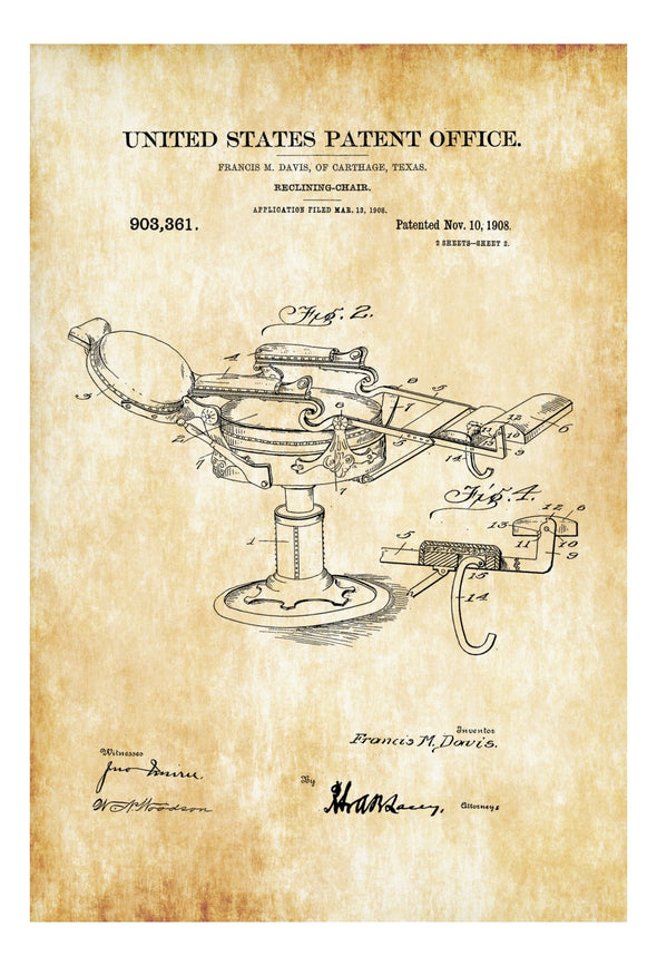 Reclining Chair Patent - Patent Print, Wall Decor, Dentist Office Decor, Medical Art, Dental Art, Medical Decor