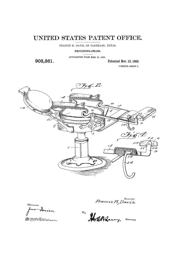 Reclining Chair Patent - Patent Print, Wall Decor, Dentist Office Decor, Medical Art, Dental Art, Medical Decor