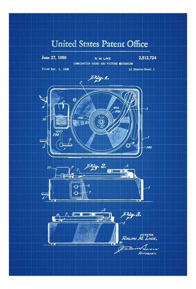 Record Player Patent 1950 - Patent Print, Wall Decor, Record Player Poster, Turntable, Home Theater Decor, Music Buff, Vintage Record Player mws_apo_generated mypatentprints Parchment #MWS Options 60859724 