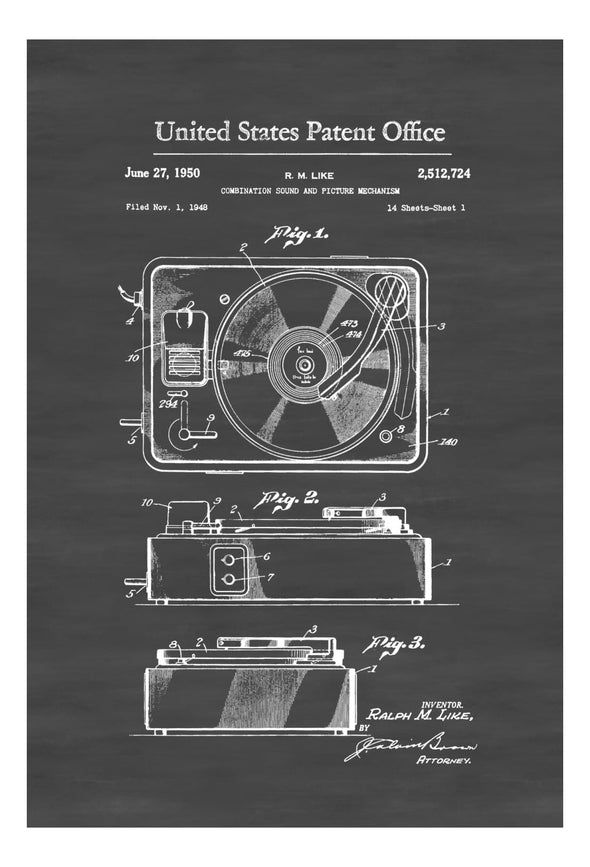 Record Player Patent 1950 - Patent Print, Wall Decor, Record Player Poster, Turntable, Home Theater Decor, Music Buff, Vintage Record Player