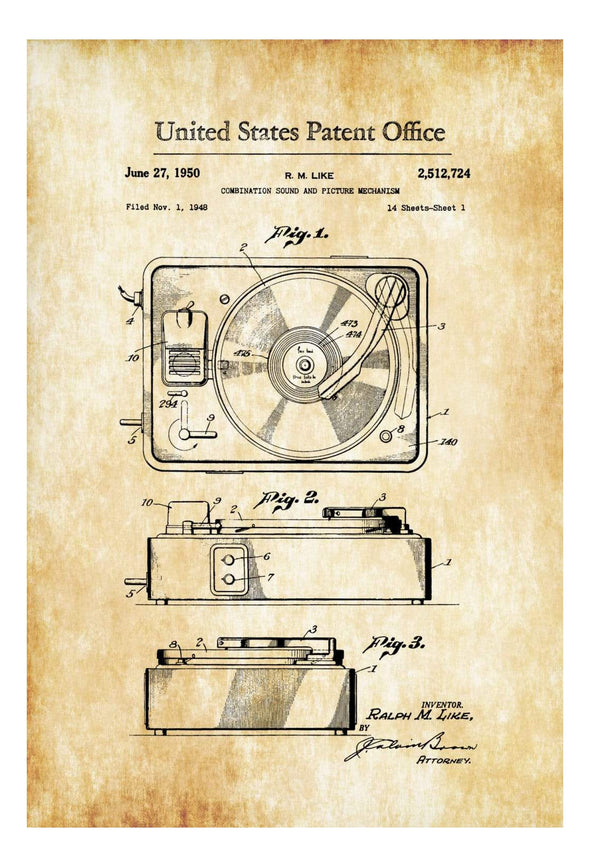 Record Player Patent 1950 - Patent Print, Wall Decor, Record Player Poster, Turntable, Home Theater Decor, Music Buff, Vintage Record Player