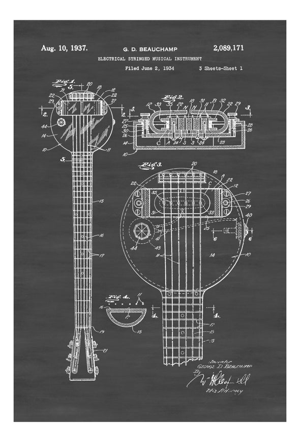 Rickenbacker Frying Pan Lap Steel Guitar Patent - Patent Print, Wall Decor, Music Poster, Musical Instrument Patent, Guitar Patent