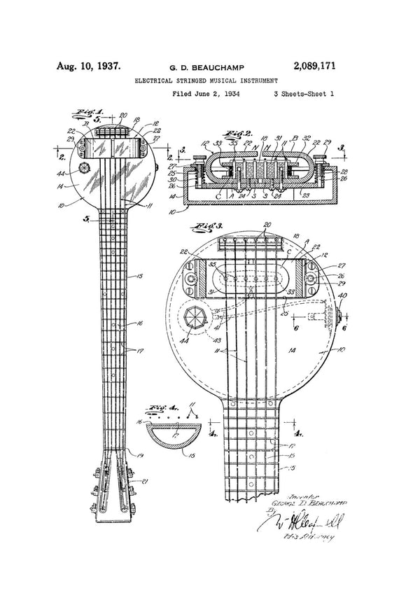 Rickenbacker Frying Pan Lap Steel Guitar Patent - Patent Print, Wall Decor, Music Poster, Musical Instrument Patent, Guitar Patent
