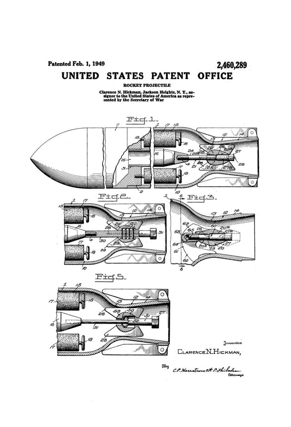 Patented Rockets Rocket Projectile Patent 1949 - Patent Print, Military Art, World War ...