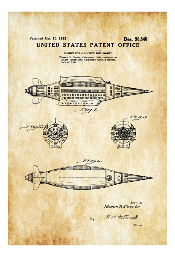 Rocket Ship Model Poster - Patent Print, Wall Decor, Rocket Patent, Steampunk, Toy Patent, Geek Gift