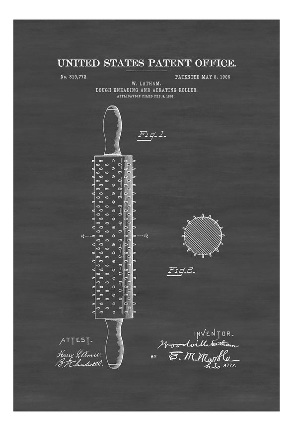 Rolling Pin Patent 1906 - Kitchen Decor, Restaurant Decor, Cooking Decor, Patent Print, Wall Decor, Chef Gift, Baking Decor, Bakery Decor Art Prints mypatentprints 10X15 Parchment 