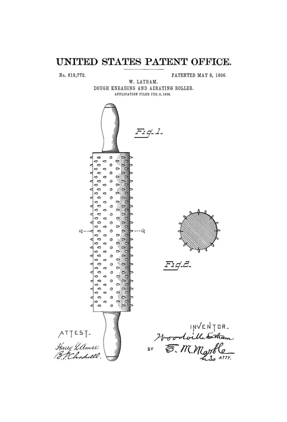 Rolling Pin Patent 1906 - Kitchen Decor, Restaurant Decor, Cooking Decor, Patent Print, Wall Decor, Chef Gift, Baking Decor, Bakery Decor Art Prints mypatentprints 
