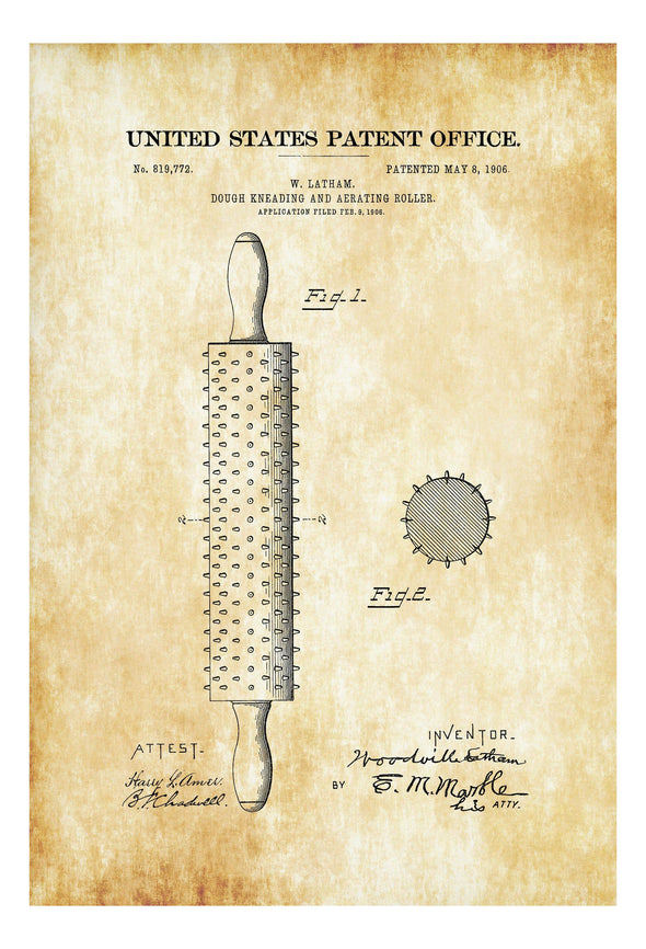 Rolling Pin Patent 1906 - Kitchen Decor, Restaurant Decor, Cooking Decor, Patent Print, Wall Decor, Chef Gift, Baking Decor, Bakery Decor Art Prints mypatentprints 