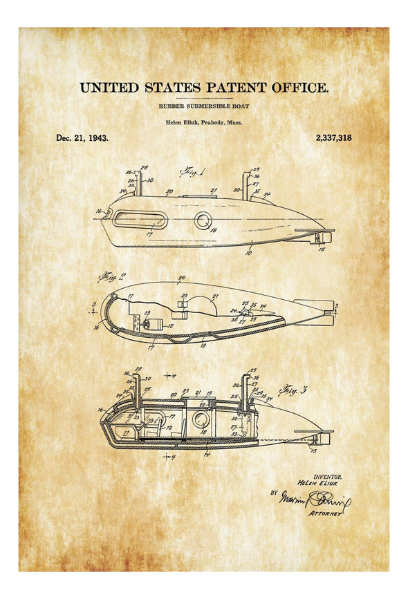 Rubber Submarine Patent Print - Vintage Submarine, Submarine Blueprint, Naval Art, Sailor Gift, Nautical Decor, Submarine Poster, Sub Art Art Prints mypatentprints 