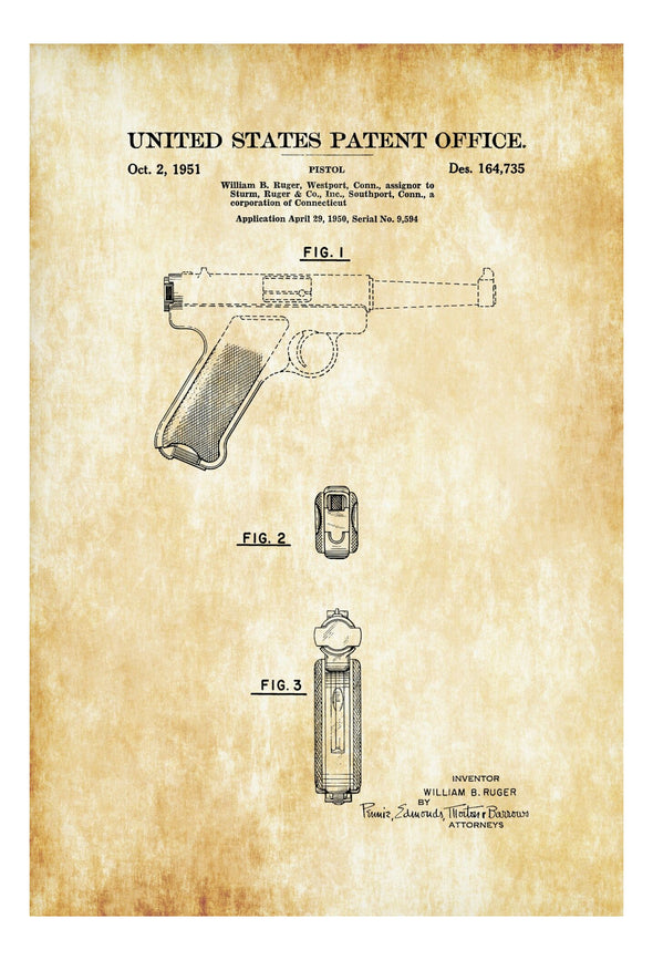Ruger MK 1 Pistol Patent - Patent Print, Wall Decor, Gun Art, Firearm Art, Ruger Patent, Pistol Patent, Ruger MK 1 Patent, Ruger Pistol Art Prints mypatentprints 