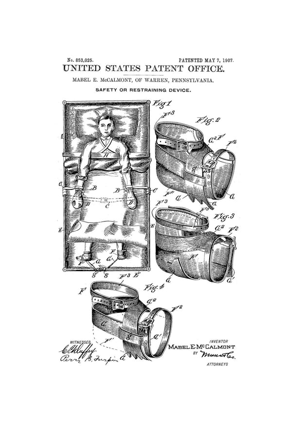 Safety or Restraining Device Patent - Patent Print, Wall Decor, Bizarre Art, Bizarre Decor, Medical Equipment, Restraint Patent