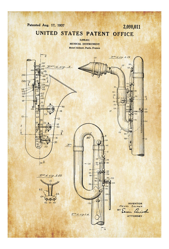 Saxophone Patent - Patent Print, Wall Decor, Music Poster, Music Art, Musical Instrument Patent