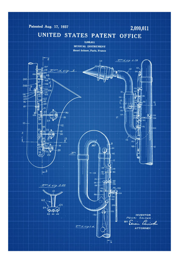 Saxophone Patent - Patent Print, Wall Decor, Music Poster, Music Art, Musical Instrument Patent