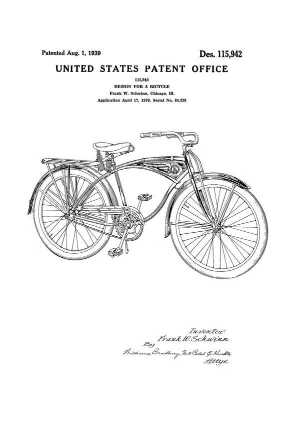 Schwinn Bicycle Patent - Vintage Bicycle, Bicycle Blueprint, Bicycle Art, Cyclist Gift,  Bicycle Decor, Bicycling Enthusiast, Schwinn Patent