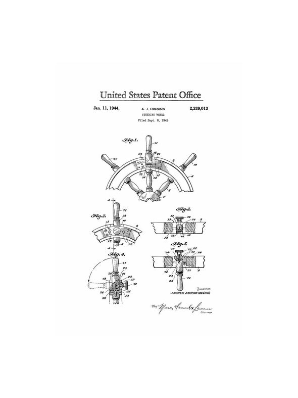 Ship Steering Wheel Patent 1944 - Vintage Nautical, Naval Art, Ship Wheel, Sailing Decor, Nautical Decor, Beach House Decor, Boating Decor