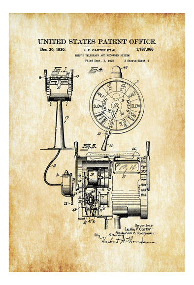 Ship Telegraph Patent 1930 - Vintage Nautical, Naval Art, Ship Wheel, Sailing Decor, Nautical Decor, Beach House Decor, Boating Decor Art Prints mypatentprints 10X15 Parchment 