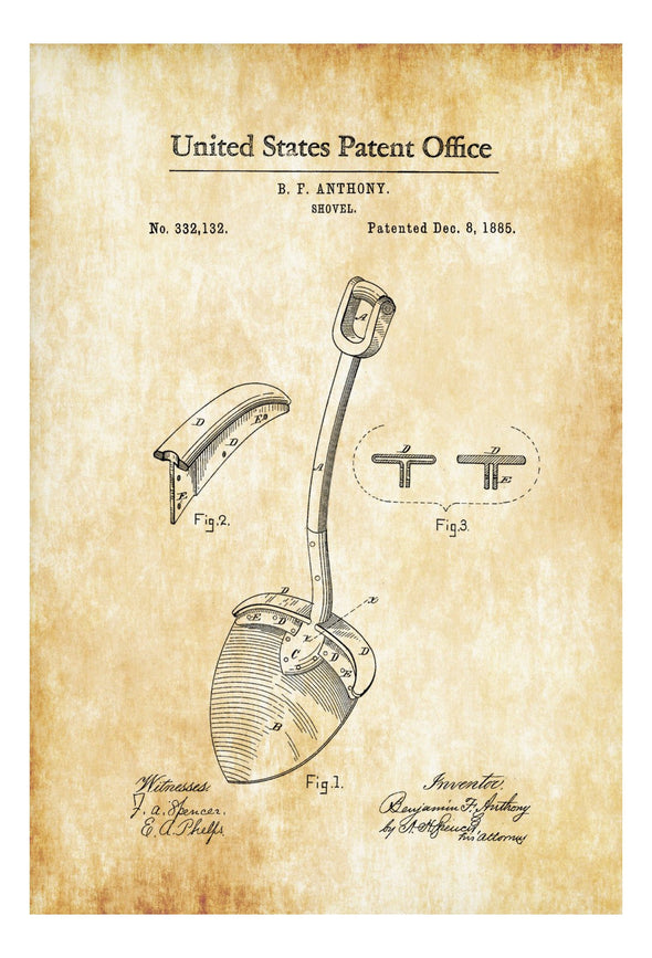 Shovel Patent 1885 - Patent Print, Wall Decor, Gardening, Yard Work, Vintage Tool, Yard Tools mws_apo_generated mypatentprints Blueprint #MWS Options 1462740321 