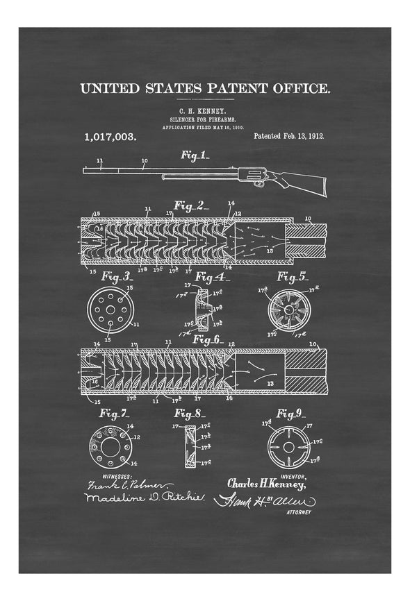 Silencer for Firearms Patent 1912 - Patent Print, Wall Decor, Gun Art, Firearm Art, Silencer Patent, Weapon Patent, Gun Patent. Gun Silencer mws_apo_generated mypatentprints Chalkboard #MWS Options 2808588869 