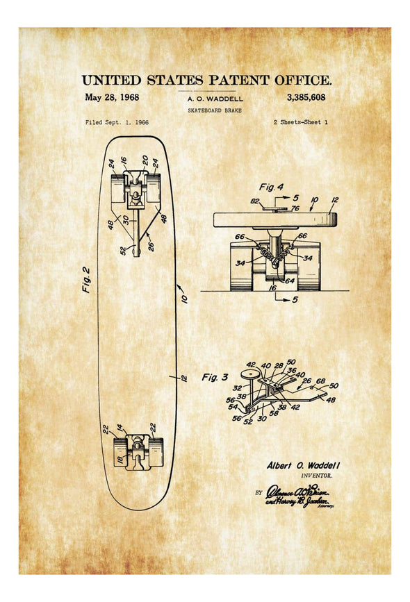 Skateboard Break Patent 1968 - Patent Print, Wall Decor, Vintage Skateboard, Skater Art, Skateboard Decor