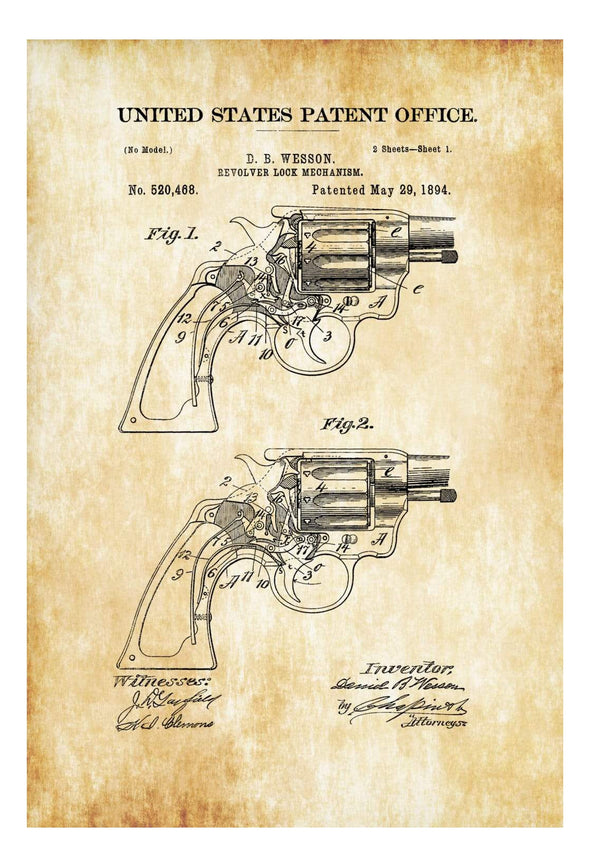 Smith and Wesson Revolver Patent 1894 - Patent Print, Gun Art, Firearm Art, Revolver, Gun Enthusiast, Antique Gun, Gun Lover