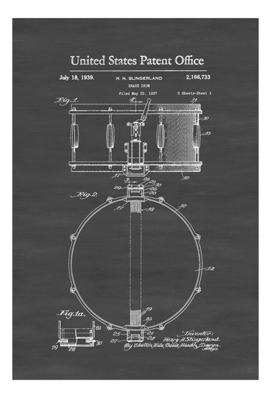 Snare Drum Patent 1939 - Patent Print, Wall Decor, Music Poster, Musical Instrument Patent, Drum Patent, Drummers, Drum Set, Drummer Gift