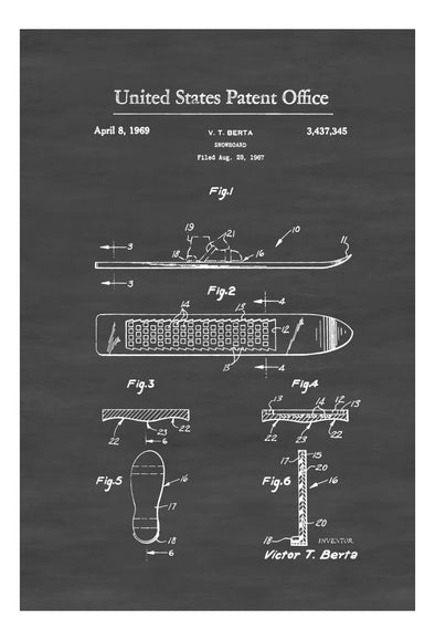 Snowboard Patent 1969 - Patent Prints, Snowboarding, Ski Lodge Decor, Ski Decor, Cabin Decor, Snowboarder Gift mws_apo_generated mypatentprints Chalkboard #MWS Options 3109594509 