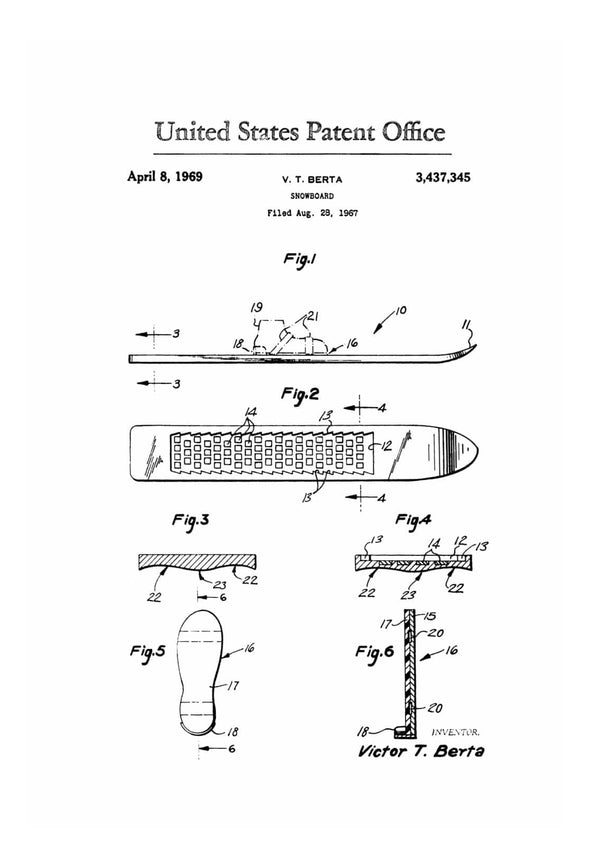 Snowboard Patent 1969 - Patent Prints, Snowboarding, Ski Lodge Decor, Ski Decor, Cabin Decor, Snowboarder Gift