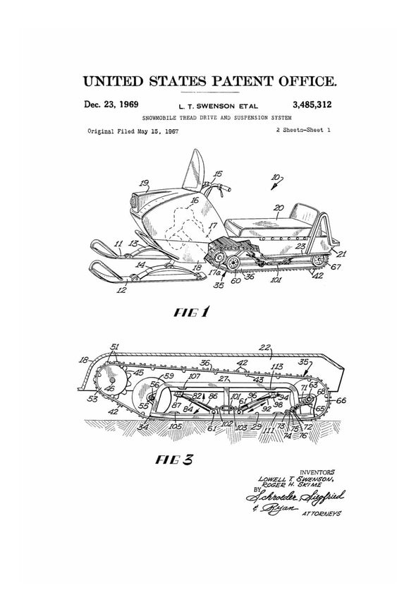 Snowmobile Patent 1969 - Patent Print, Wall Decor, Ski Lodge Decor, Mountain Home Decor, Winter Art, Snow Mobile