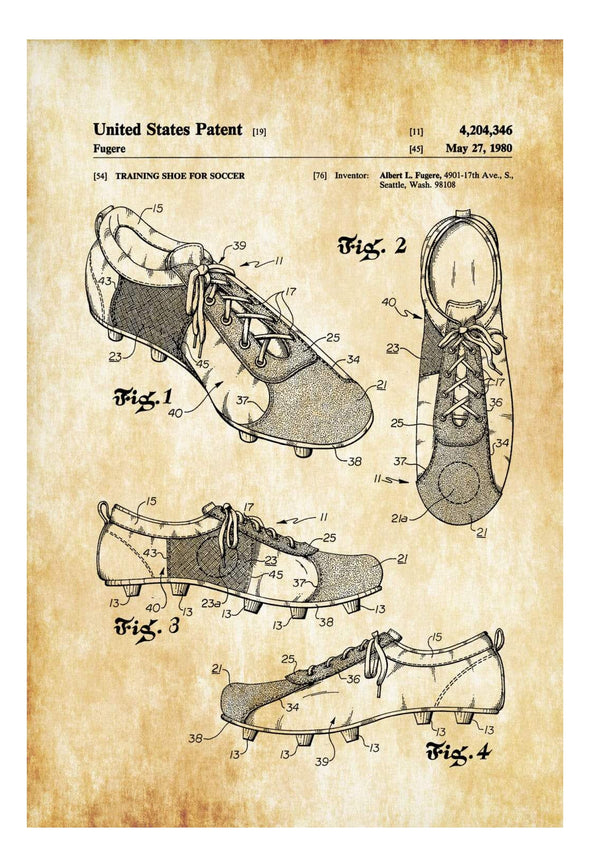 Soccer Cleats Patent 1980 - Patent Print, Wall Decor, Soccer Shoes, Soccer Art, Soccer Decor, Sports Art, Soccer Fan Gift