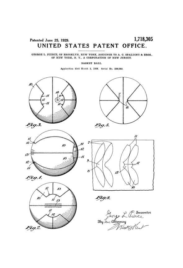 Spalding Basket Ball Patent 1929 - Patent Print, Wall Decor, Basketball Art, Basketball Poster, Basketball Patent, Sports Patent, Sports Art Art Prints mypatentprints 