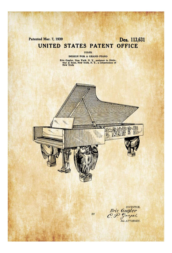 Steinway Grand Piano Patent 1939 - Patent Print, Wall Decor, Music Poster, Piano Patent, Grand Piano Patent, Musical Instrument Patent