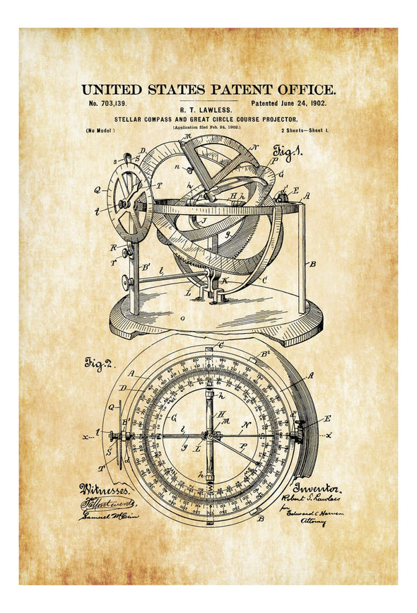 Stellar Compass Patent 1902 - Patent Print, Wall Decor, Compass Decor, Vintage Compass , Nautical Decor, Old Compass, Compass Poster Art Prints mypatentprints 10X15 Parchment 